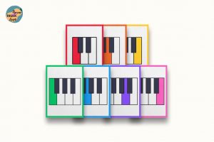 A set of brightly colored piano flash cards for music education, featuring a segment of piano keys on each card.