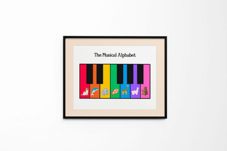 Educational piano poster titled 'The Musical Alphabet' framed on a wall, featuring colorful piano keys and animals representing musical notes.