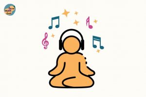 Graphic of a music teacher or student meditating, illustrating how music relieves stress.