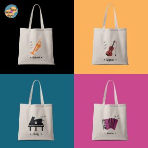 Custom music tote bags featuring vibrant instrument illustrations and personalized names for musicians and music enthusiasts.