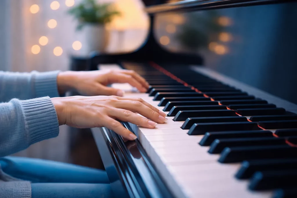 Hands playing the piano during an in-person piano lesson in Zug, Switzerland